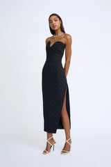 AFTERGLOW DIAMOND SPOT MIDI DRESS - BLACK