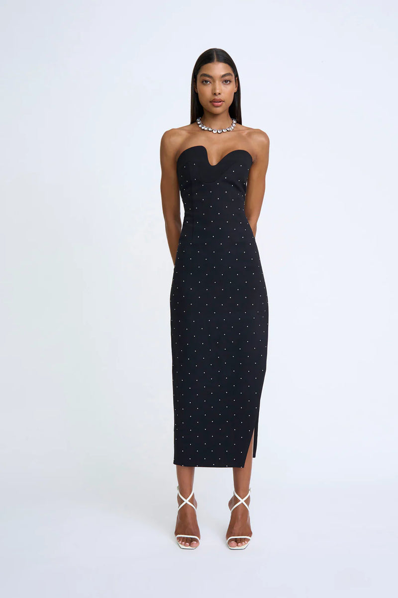 AFTERGLOW DIAMOND SPOT MIDI DRESS - BLACK