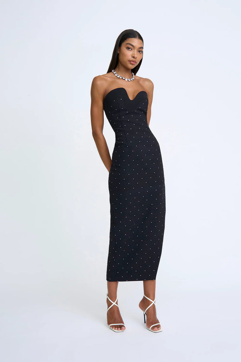 AFTERGLOW DIAMOND SPOT MIDI DRESS - BLACK