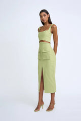 PANEL POCKET CARGO MIDI SKIRT - MOSS GREEN