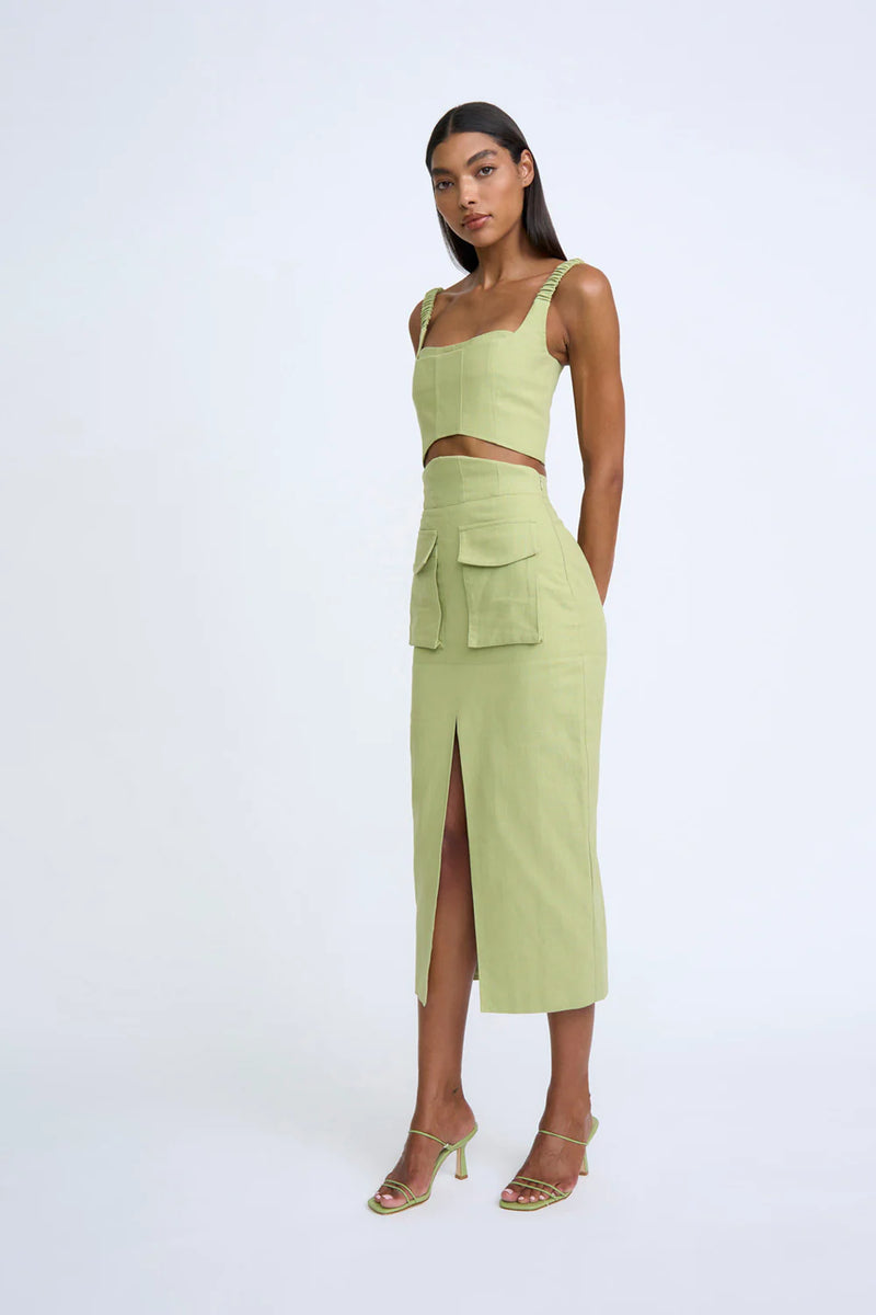 PANEL POCKET CARGO MIDI SKIRT MOSS GREEN The Hills Co Boutique