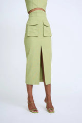 PANEL POCKET CARGO MIDI SKIRT - MOSS GREEN