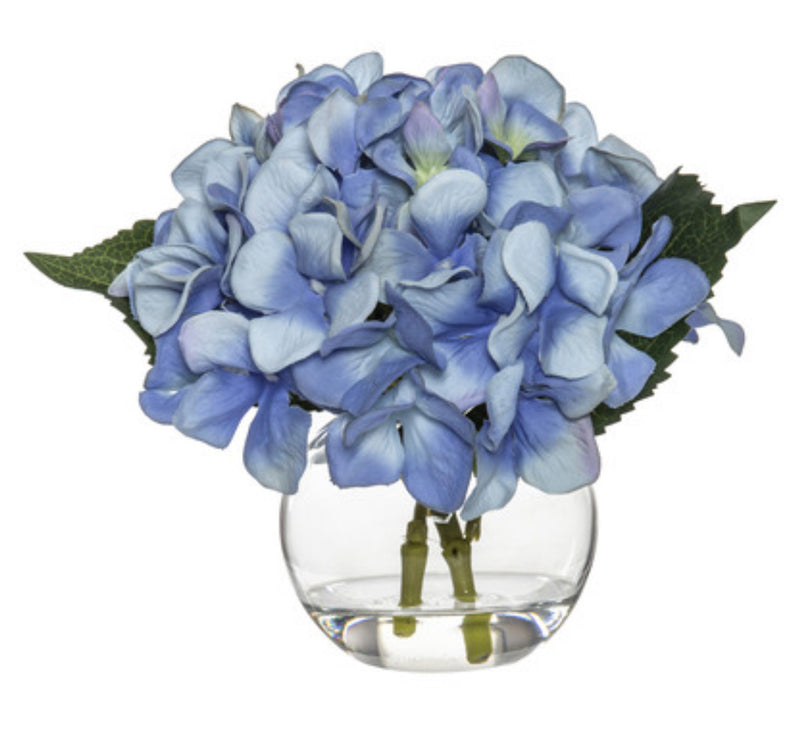 Blue Faux Hydrangea in Glass Vase 18cm
