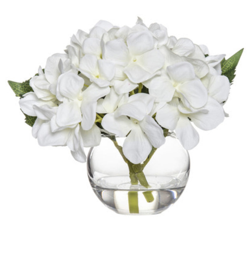 White Faux Hydrangea in Glass Vase 18cm