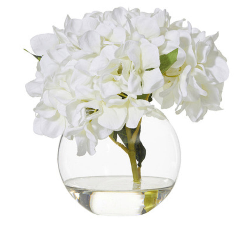 White Faux Hydrangea in Glass Vase 23cm